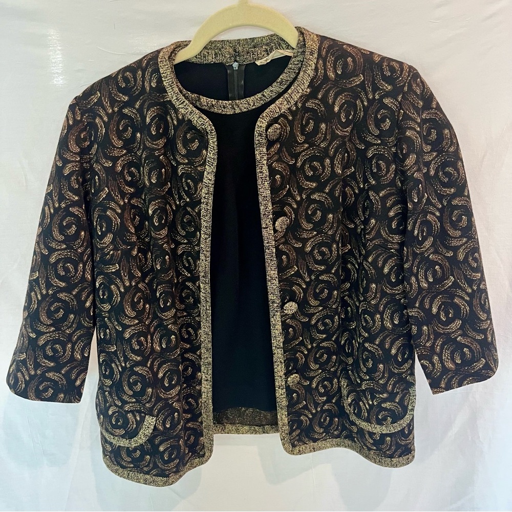 Vintage Chic Grandma Imported Black and Gold Brocade Jacket and Sweater Sz: M
